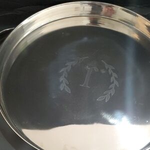 Reflective mirrored round serving tray etched with olive leaf & letter J initial